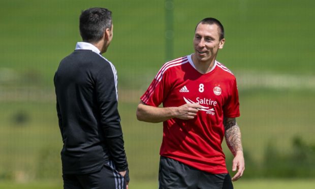 Aberdeen manager Stephen Glass with Player/Coach Scott Brown during the first day of pre-season.