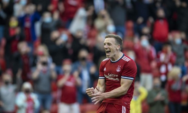 Aberdeen's Lewis Ferguson celebrates his second goal during a Europa Conference Qualifier between Aberdeen and BK Hacken at Pittodrie.