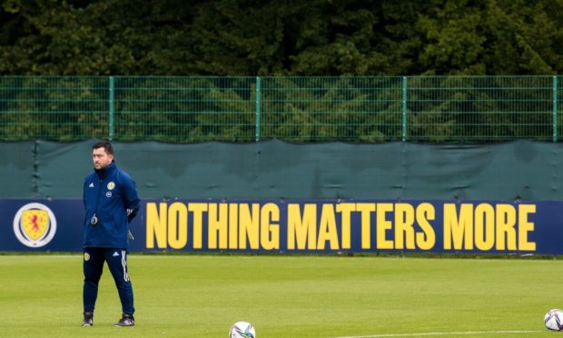 Scotland Women boss Pedro Martinez Losa leads a training session at the Oriam.