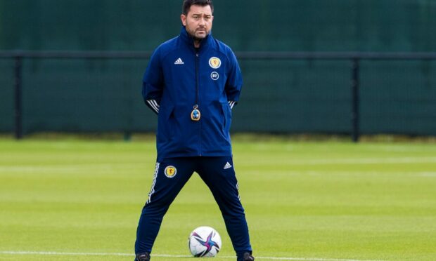 Scotland Women boss Pedro Martinez Losa leads a training session at the national team's base at the Oriam.