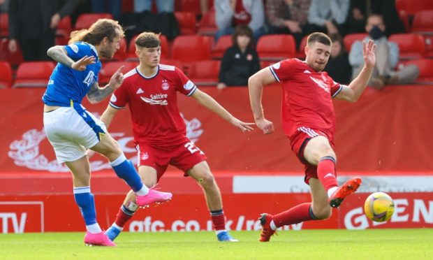 Steve May of St Johnstone scores during the cinch Premiership match between Aberdeen and St Johnstone at Pittodrie Stadium on September 18, 2021, in Aberdeen, Scotland.  (Photo by Alan Harvey / SNS Group)