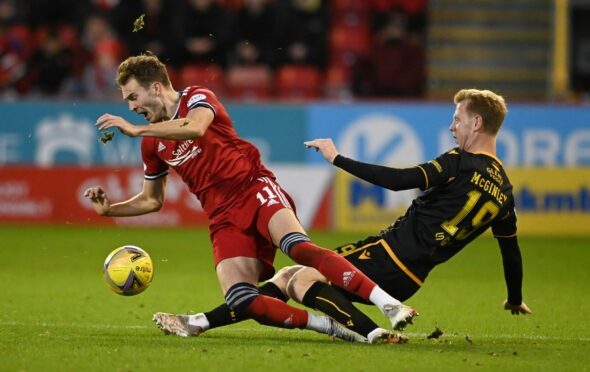Aberdeen's Ryan Hedges (left) battles with Motherwell's Nathan McGinley during the 2-0 loss.