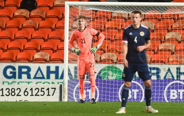 Scotland under-21 goalkeeper Archie Mair in action against Kazakhstan