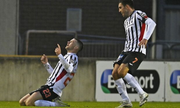 Dom Thomas celebrates after scoring the winner for Dunfermline at Inverness.
