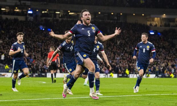 Scotland's John Souttar celebrates after scoring to make it 1-0 against Denmark at Hampden.