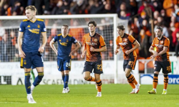 Dundee United's Ian Harkes celebrates making it 1-0 against Aberdeen at Tannadice.