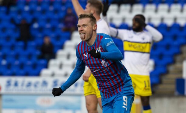 Billy Mckay celebrates scoring for Caley Thistle against Morton