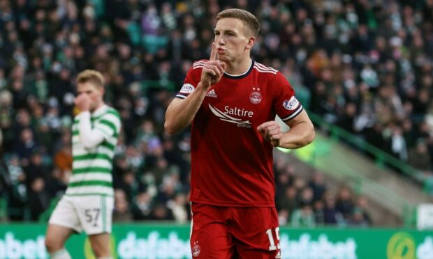 Aberdeen's Lewis Ferguson makes it 1-1 against Celtic at Parkhead.