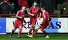 Brechin's David Cox (L) celebrates making it 1-1 during a Scottish Cup Third Round match between Brechin City and Darvel at Glebe Park, on November 29, 2021, in Brechin, Scotland. (Photo by Paul Devlin / SNS Group)