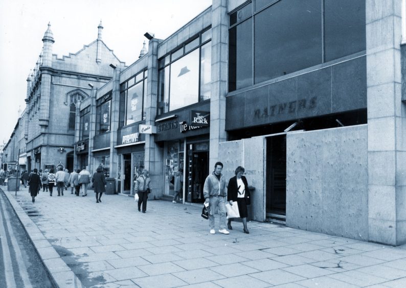 Looking towards the Trinity Centre entrance on Aberdeen's Union Bridge in 1992. Troubled jewellery giant Ratners had lost its sparkle in the city and its store, right, was boarded up.