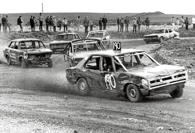 1985: Vehicles jostling at the stock car racing at Marywell in the 1980s.