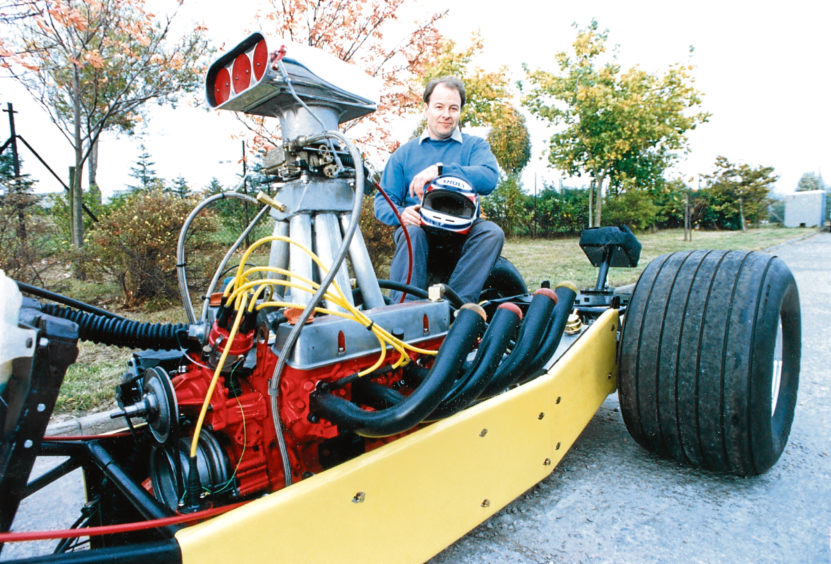 1991: Bob Duncan with his rear-engined rail dragster which he built himself. The car was thought to be capable of 150mph, accelerating from 0 to 60mph in two seconds.