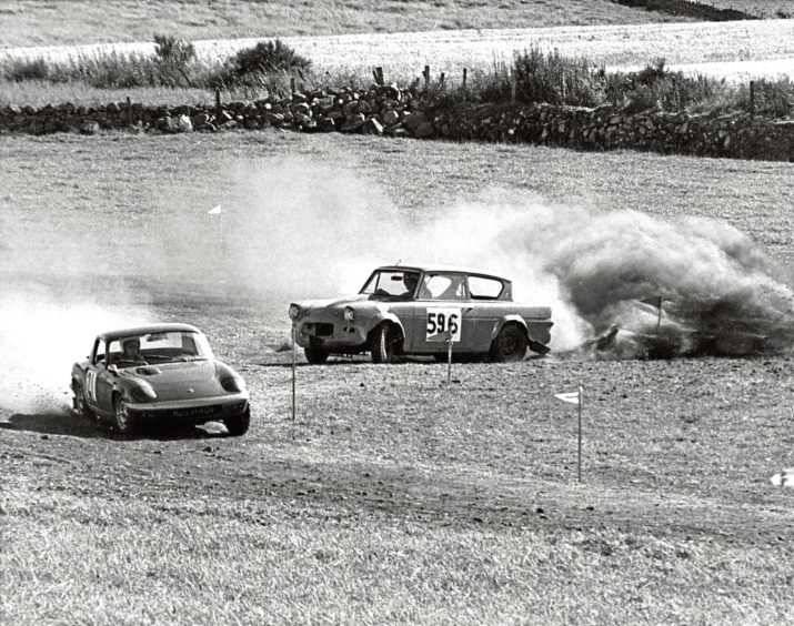 1971:Cars in action during Aberdeen and District Motor Club’s annual meeting at Pitbee Farm near Pitcaple. More than 1,500 spectators watched the weekend event