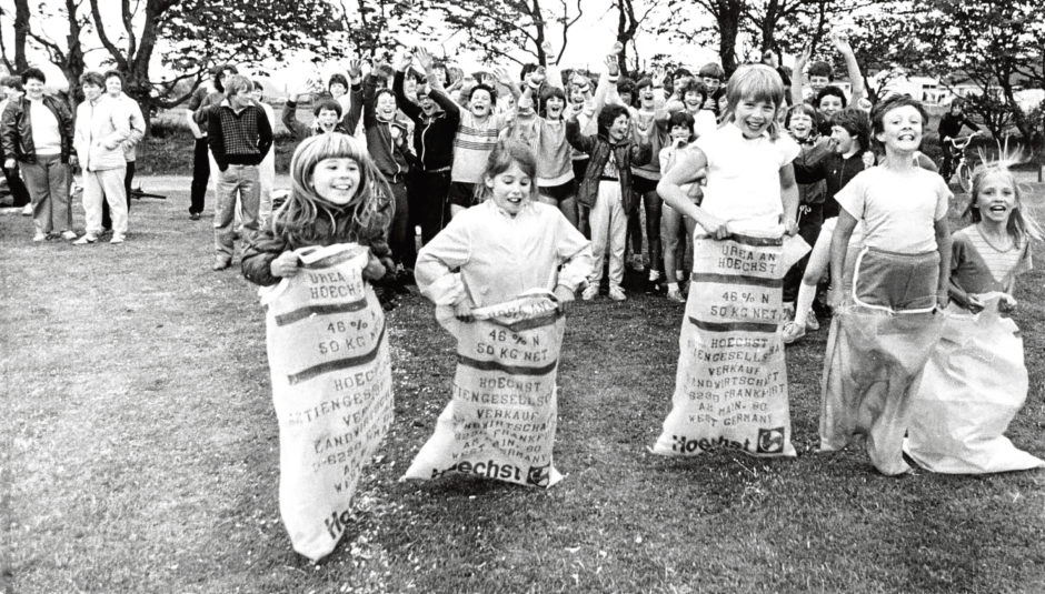 1985: Off to a flying start are the competitors in the junior girls' sack race at the New Deer Gala.