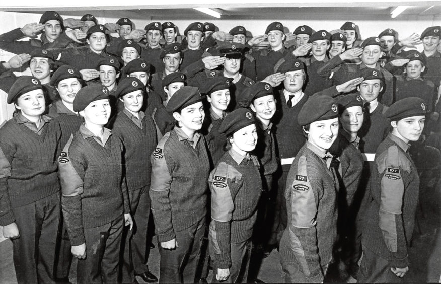 1986: For the first time ever all new recruits were women which took place at the Inverurie cadets.