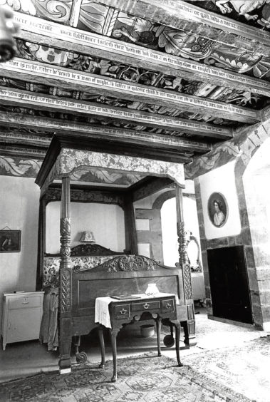 1980: A Delgatie Castle bedroom with beautiful painted ceiling.