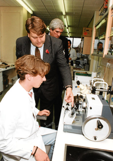 1991: Scottish fisheries minister Lord Strathclyde speaks to marine biology student Ian Buchan at Aberdeen’s marine laboratory.