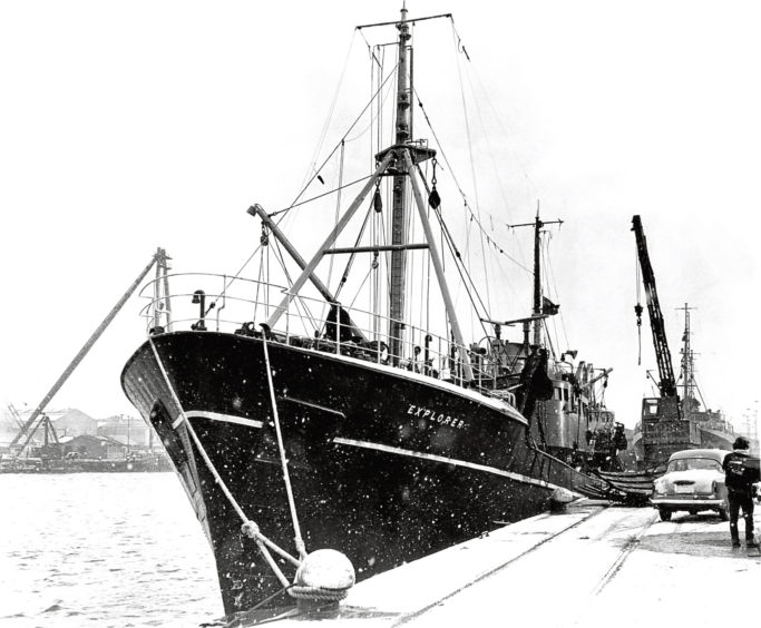 1967: Scottish fishery research ship Explorer tied up in Aberdeen.