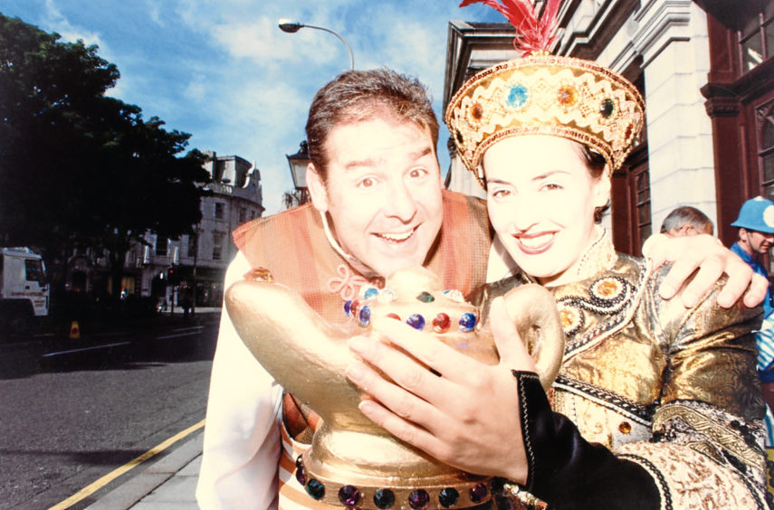 1997: Andy Gray as Wishee-Washee and Blue Peter presenter Romana D’Annunzio in Aladdin