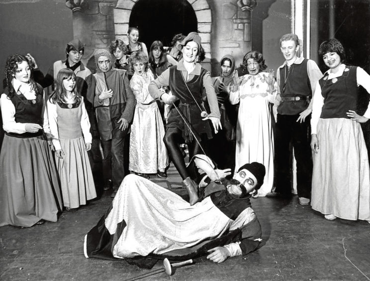 1981: Jill Hay as Robin Hood sorts out the nasty sheriff Donald Morrison in Babes in the Wood and Robin Hood.