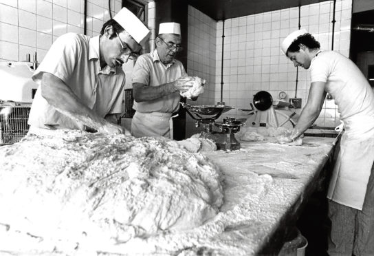 1984: From left, Adam Duguid, David Mair and Brian McIntosh at Chalmers’ Bakery in Bucksburn.