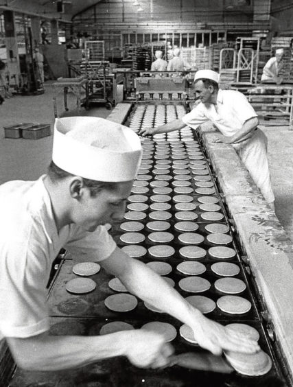 1969: Pancake making at Strathdee’s Bakery, Quarryhill Road, Northfield.