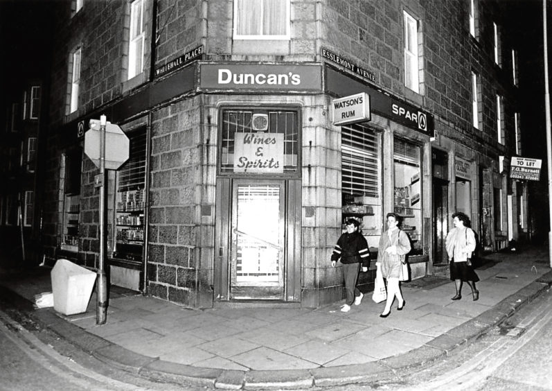 1989: the licensed grocer’s shop owned by Duncan’s Bakery at the junction on Esslemont Avenue and Whitehall Place.