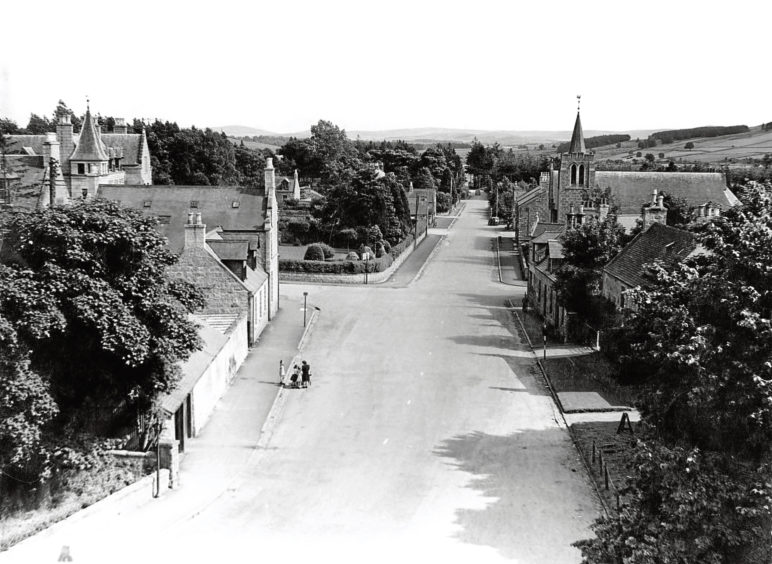 1950: The view down Beltie Road in Torphins with the South Church on the right.