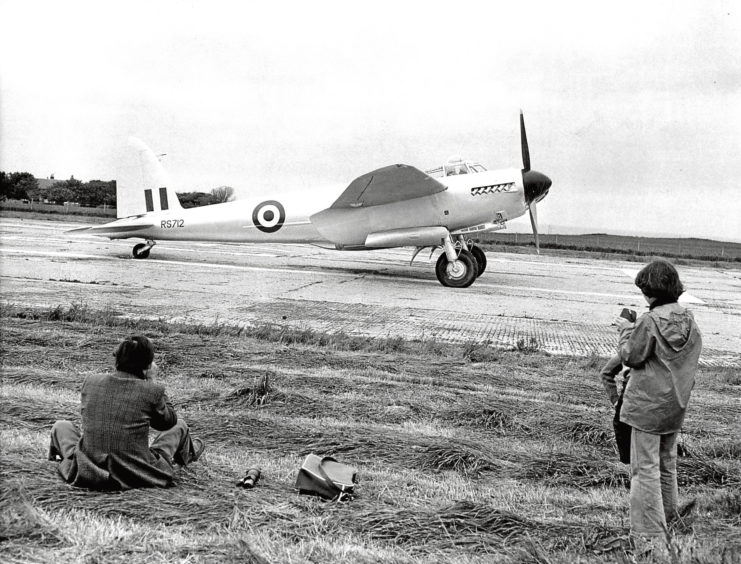 1976: A 1946 vintage de Havilland Mosquito on the runway after landing at Banff Airfield.