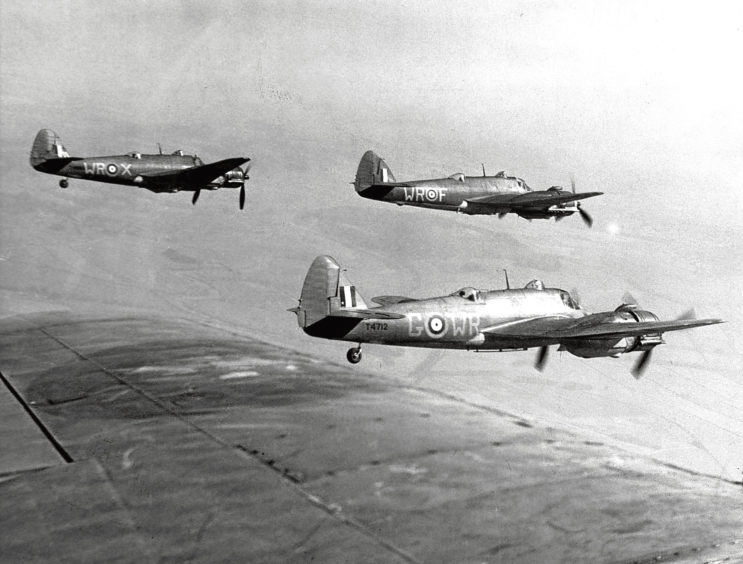 1942: RAF Bristol Beaufighters flying over Dyce in 1942.