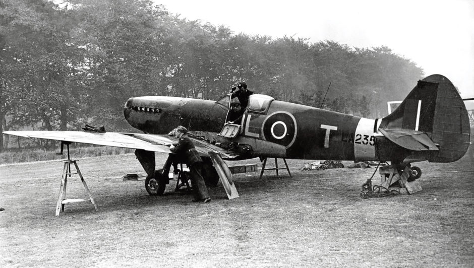 1945: Among the trees at Hazlehead RAF, ground personnel assemble a Spitfire, which was to be one of the attractions of Aberdeen’s Thanksgiving Week.