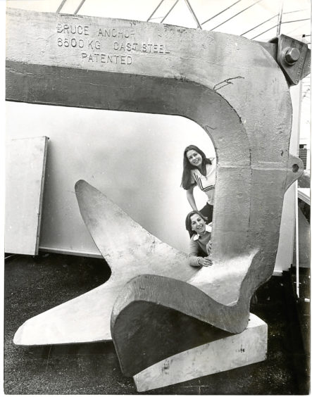 1977: Student Mhairi Johnston, top, and colleague Miriam Elias dwarfed by the massive Bruce anchor.
