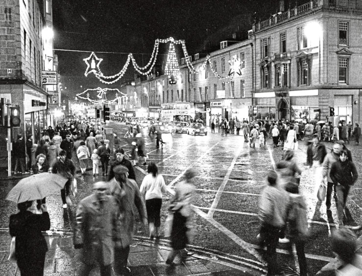 1983: The sky is lit up over Union Street, Aberdeen, after the city centre Christmas lights were switched on