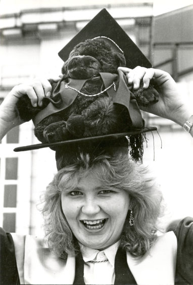 1987: Kerry Ferguson  collected a BSc in home economics with her lucky mascot Biff