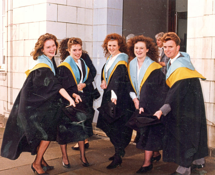 1990: RGIT graduates Sheonagh McColl, of Elgin, Sandra Milne, of Aberdeen, Tracey Anderson, from Shetland, Fiona Ferguson, of Falkirk, and Iain MacMillan from Lewis.