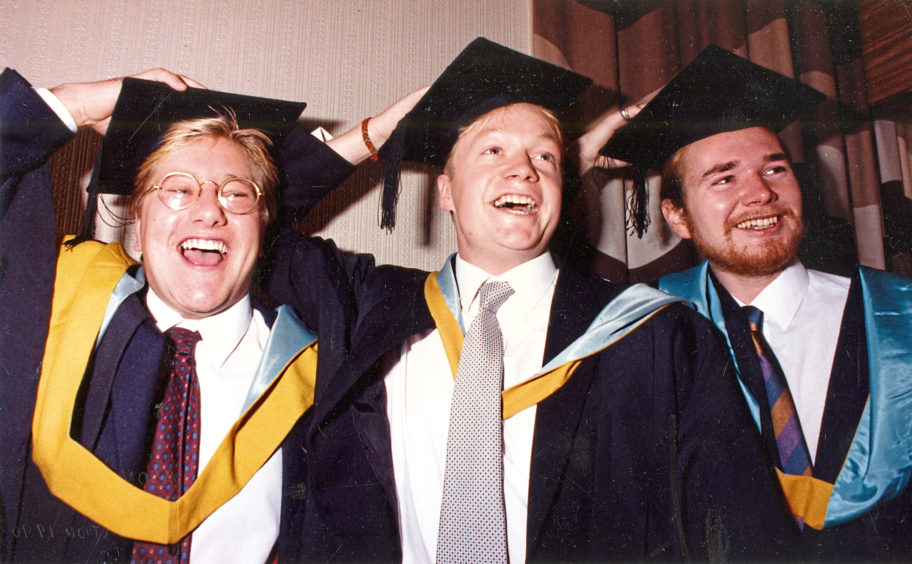 1990: Best pals Iain Herd, Robin Miller and Richard Skene graduated in Business Studies