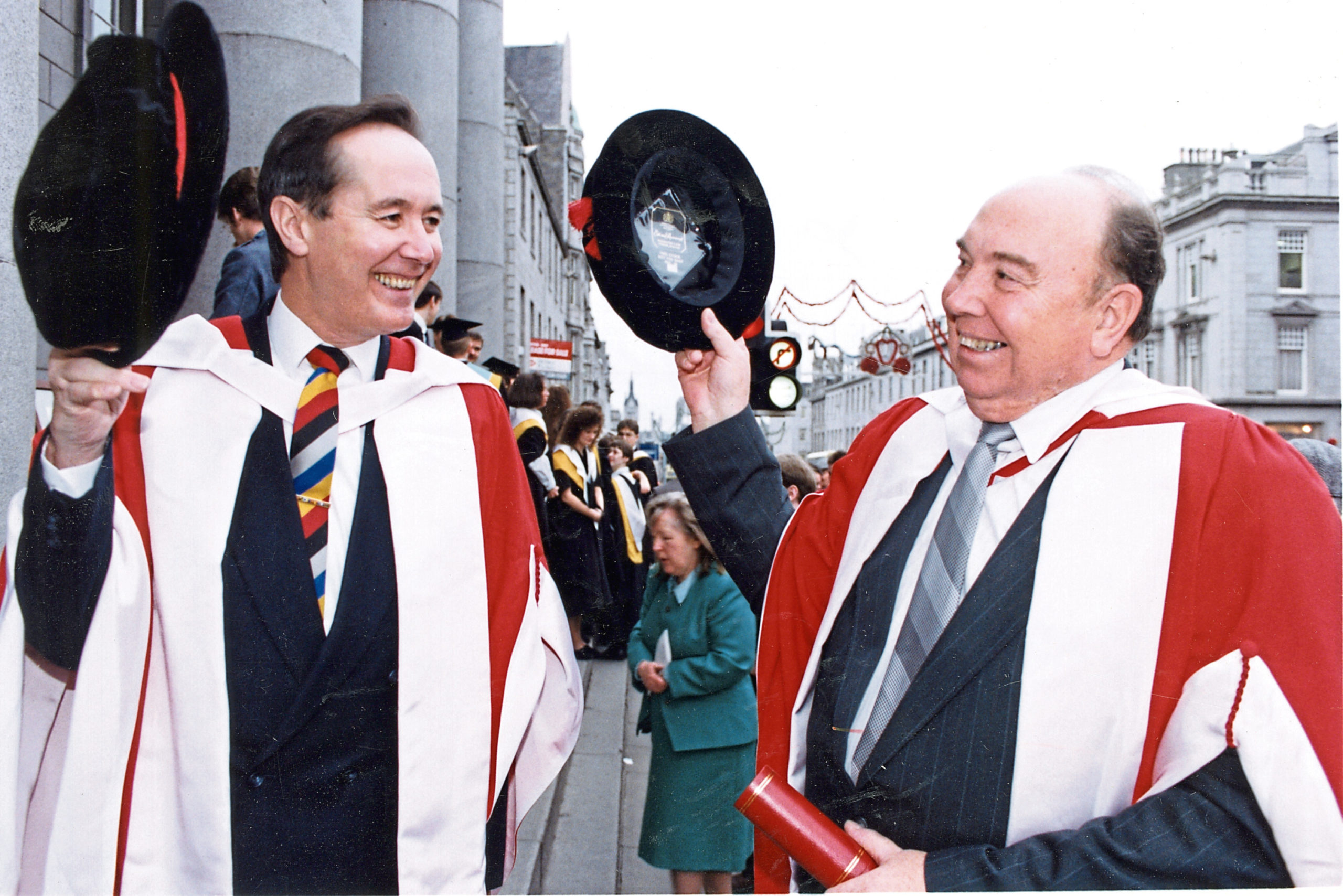Aberdeen Lord Provost James Wyness and Regional Council convener Robert Middleton were made honorary Doctors of Letters at a special graduations ceremony in 1992.
