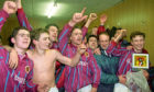 The Stenhousemuir players celebrate in the dressing room after knocking Aberdeen out of the Scottish Cup in 1995.