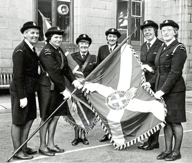 1979: Checking the colours before the Girls’ Brigade parade are Jean Holmes, Doreen Nicoll, Audrey Ironside, Agnes Duncan, Pearl Corstorphine and Roseann Thomson