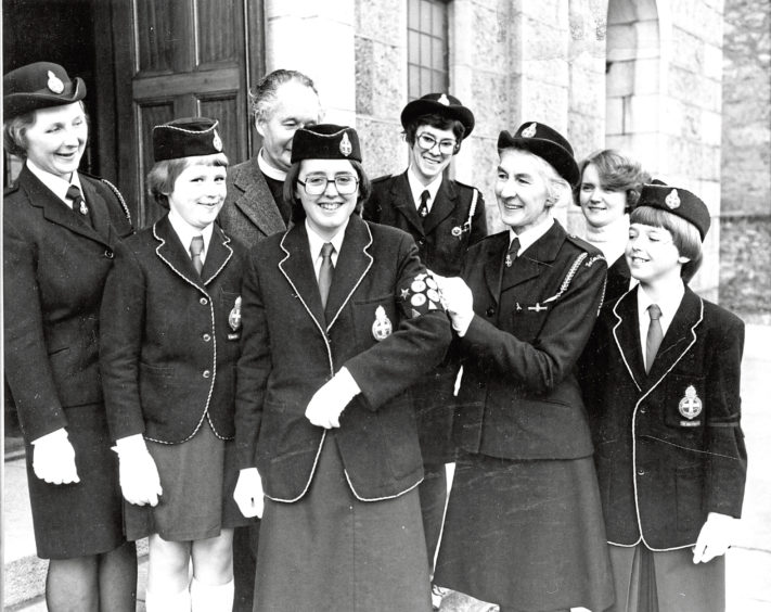 1979: Elaine Forsyth receives her Duke of Edinburgh Gold Award from Edith Mowatt, president of the Aberdeen Division of the Aberdeen Division Girls’ Brigade