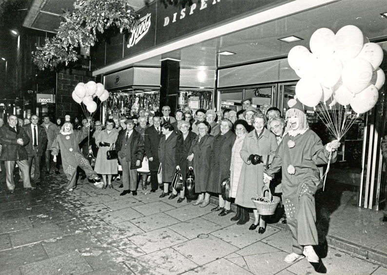 1984: Senior citizens from Westhill and Skene take a break from their shopping in Union Street to be entertained by clowns Edna McNeil and Wendy Richardson