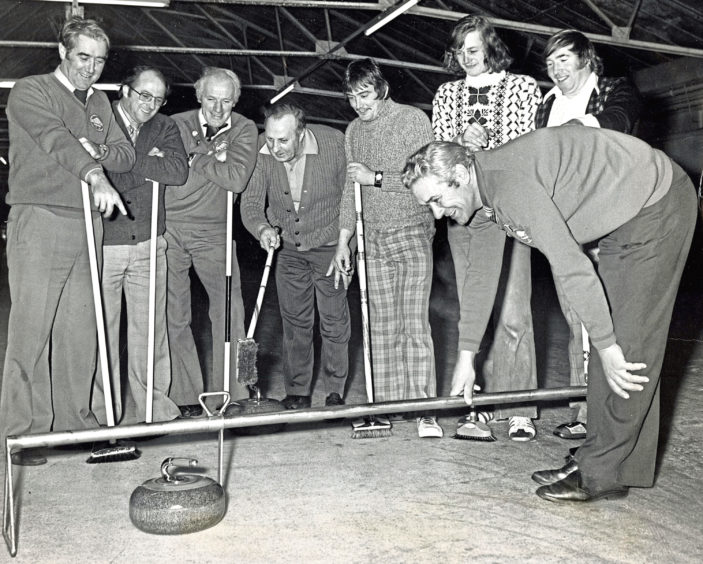 1978: Measuring a shot at the area bonspiel at Donald’s Ice Rink, Aberdeen, is Wilbert Fiddes, of Meldrum, and Daviot Curling Club