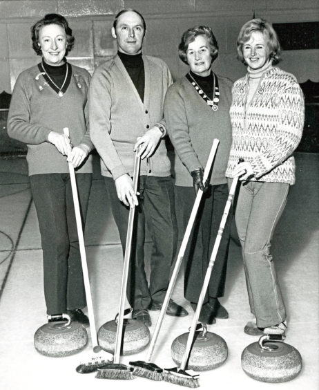 1974: Each male curler was paired with three ladies at the Three And One competition at Donald’s Ice Rink. Pictured are competition winners Mary Donald, Sandy Shand, Phyllis Repper and Norma Shewan