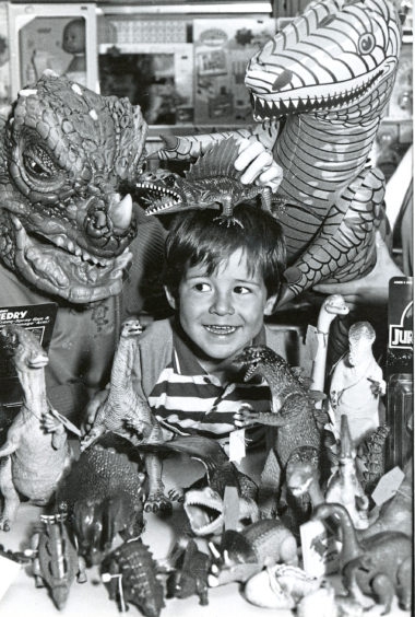 Gregor Connolly, 3, is swept up in dinomania at Schoolhill’s Toy Bazaar as the popular models become almost extinct