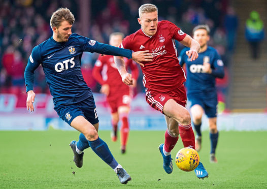Sam Cosgrove in action during the Scottish Cup fifth round tie between Aberdeen and Kilmarnock at Pittodrie Stadium on February 8.