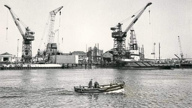 Busy scenes at the Hall Russell and Co Ltd shipbuilding yard, Aberdeen. On right is the Sullom Voe oil terminal tug Swaabie at the fitting out berth