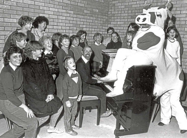 1986: The cow joins the chorus and musical director Sandy Argo round the piano at last night's rehearsal in Cluny Church Hall