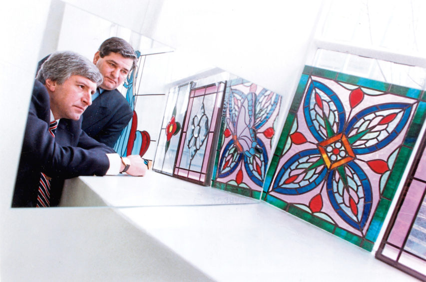 1993: Looking Glass: (from left) Michael Stone and Edward Rebecca show off decorative glass designs at their studio in Berryden Business Centre, Aberdeen