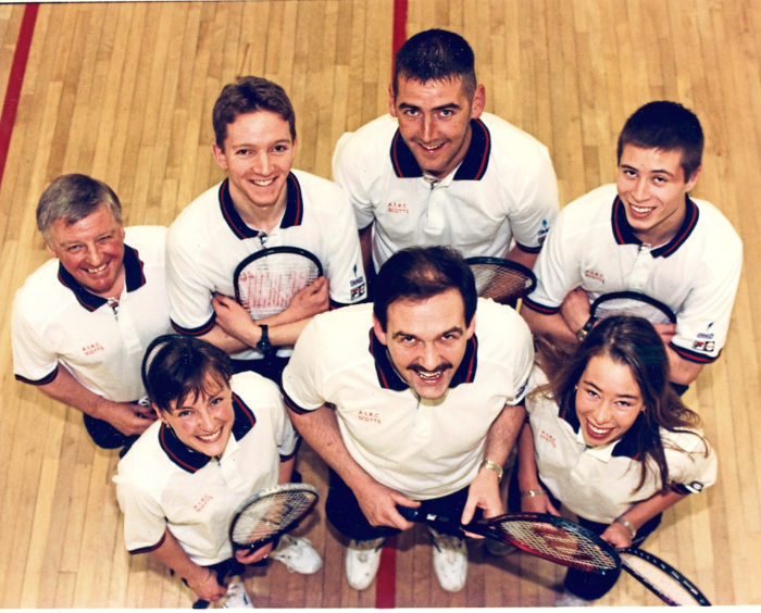 1996: Aberdeen Squash Racquets Club team Scotts completed another successful season by capturing the Grampian League Division 1 championship. The team (back, from left) Ian Buchan, Jonathan Masterton, Craig Thomson, Gregg Waddell, (front) Julie Nicol, Jim Lyon (captain) and Claire Waddell.
