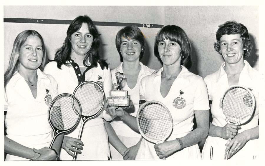 1981: Aberdeen have completed a successful season by winning the Scottish Women's Inter-Regional Squash Cup. They defeated Lothians in the final at Dundee. The Aberdeen players are (left to right) - Sandi Procter, Gail Wiggins, Heather Wisley, Gladys Main and Wilma Paton.
